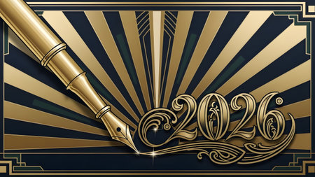 An Art Deco fountain pen inscribes the year 2026 on a dark blue and gold background with...