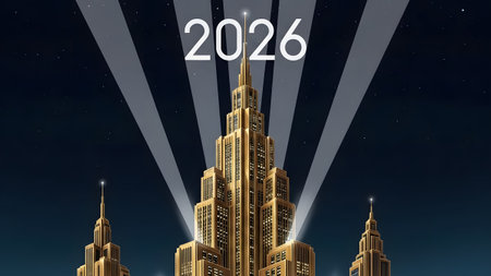 Golden art deco skyscraper illuminated by white spotlights against a dark starry night sky.