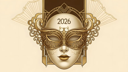 Ornate gold Art Deco masquerade mask with 2026 on forehead against muted background. Clear detail...