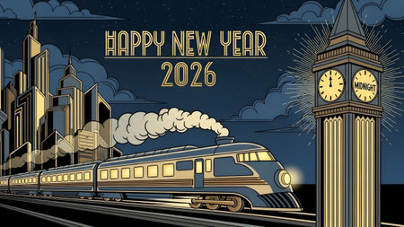 Art Deco train approaches a clock tower showing midnight for New Year 2026. Clear details and vib...