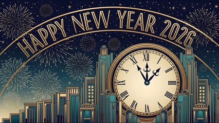 Art Deco cityscape with fireworks and a clock showing midnight for New Year 2026. Clear details a...