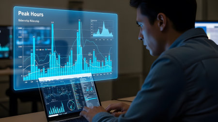 Businessman looks at a holographic display showing peak hours ridership data and graphs.