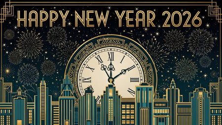 Art Deco style New Year celebration with a clock nearing midnight, fireworks, and city skyline.