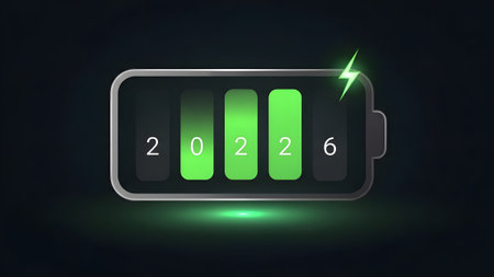 Battery icon displays the year with a bright green neon charge level and lightning bolt.