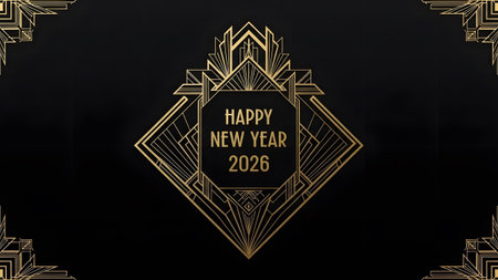 Golden showing art deco golden frame with happy new year 2026 text : art deco, golden,...