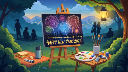 Artist paints a fireworks display for Happy New Year 2026 in a park with people watching