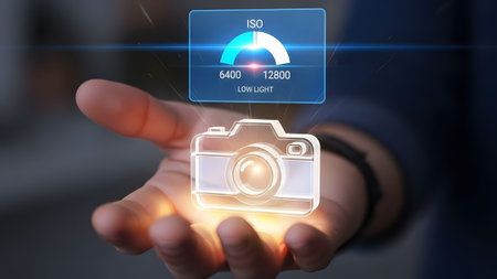 Hand holds holographic display showing ISO low light settings and camera icon. Clear details and ...