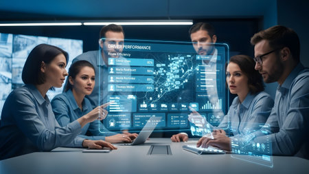 Business professionals analyze driver performance data on a glowing holographic map interface.