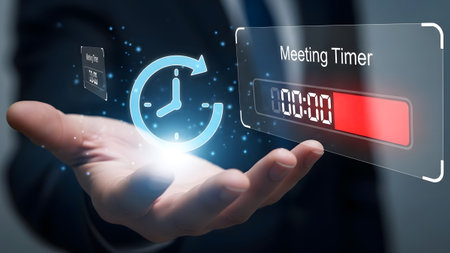 Holographic meeting timer shows a countdown of 00:00 with a red progress bar over a person's hand.