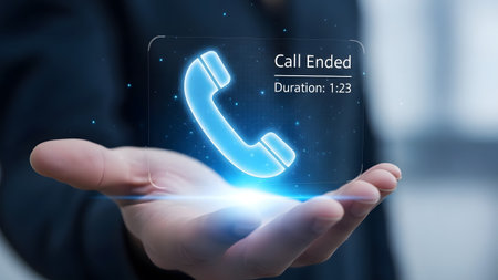 Hand holds a holographic interface showing a phone icon and call ended status with duration.