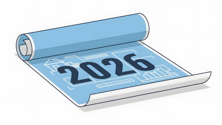 A rolled blueprint with the year 2026 and architectural drawings on a white background. Clear det...