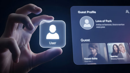 Hand holding user icon near guest profile screen displaying images and user information Clear det...の写真素材
