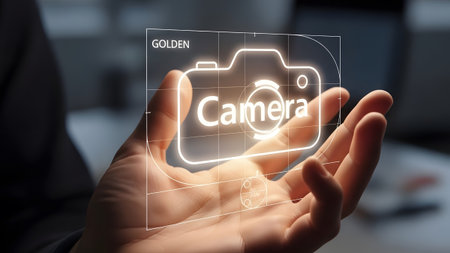 Hand holds a bright holographic camera icon with a golden ratio grid overlay. Clear details and v...
