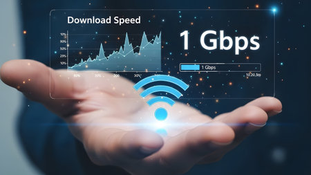 Hand holding holographic display showing 1 Gbps download speed and Wi-Fi symbol. Clear details an...
