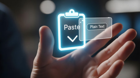 Hand holds holographic paste icon and a digital plain text box. Clear details and vibrant colors ...
