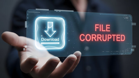 Hand holding holographic screen showing corrupted download file with red text warning Clear detai...