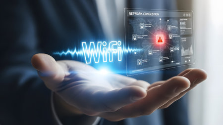 Hand displays holographic WiFi symbol and network congestion monitoring interface. Clear details ...