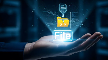 Hand displays holographic zip file icon with download arrow and digital circuits. Clear details a...