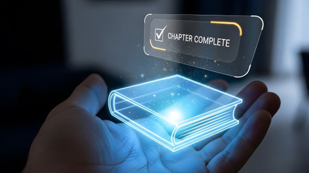 Hand holds glowing digital book with a chapter complete notification on a futuristic interface.