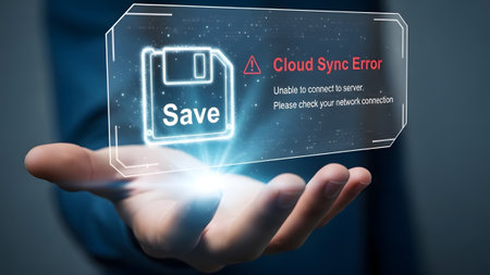 A hand holds a glowing hologram displaying a cloud sync error message and save icon. Clear detail...