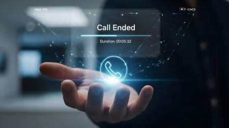 A hand holds a holographic display showing a call ended message and its duration. Clear details a...