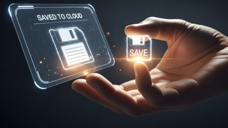 Hand holds save icon next to holographic display showing saved to cloud Clear details and vibrant...