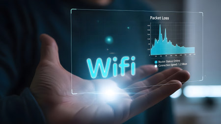 Hand holds holographic display with packet loss graph and wifi status. Clear details and vibrant ...