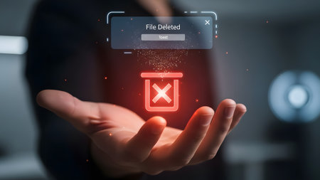 Hand holding a trash icon with a red cross and a digital notification saying File Deleted.の写真素材