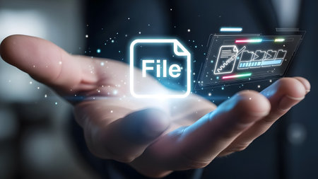 Hand holds holographic screen with a file icon and a document progress bar. Clear details and vib...