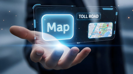 Hand displays a futuristic holographic car navigation map showing toll road information.