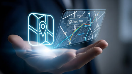 Hand displays a holographic navigation map with a route. Clear details a...