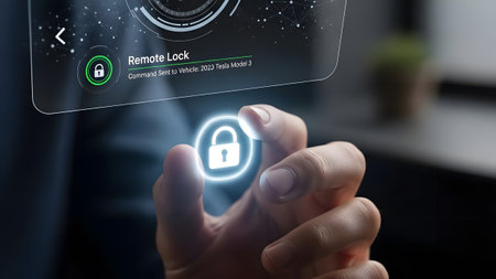 A hand touches a glowing lock icon on a futuristic holographic interface. Clear details and vibra...
