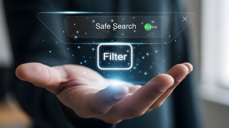 Hand holds a glowing holographic interface displaying active Safe Search filter and particles.