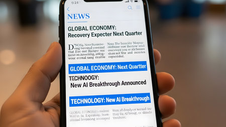 A hand holds a smartphone displaying news headlines about global economy and AI Clear details and...の写真素材