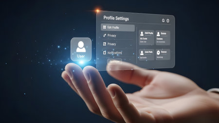 Hand holds a futuristic holographic interface displaying user profile settings and icons.