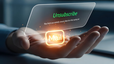 Hand displays holographic unsubscribe confirmation message with email icon and glowing mail button.