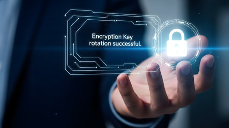 Hand presents a futuristic interface confirming successful encryption key rotation with a lock.