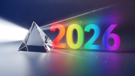 A glass prism refracting white light into a rainbow spectrum, forming the year 2026. Clear detail...