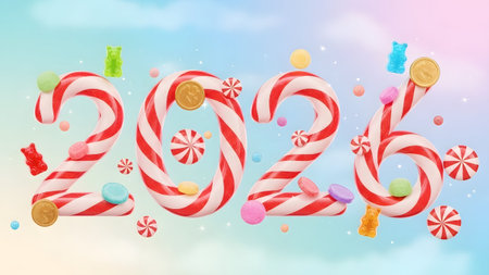 The year 2026 made of candy canes with gummy bears, candies and sprinkles on a pastel background.