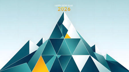 An abstract geometric mountain peak composed of triangles with a Happy New Year 2026 message.