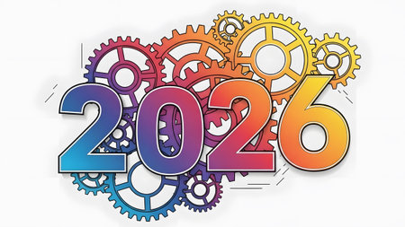 The number 2026 is displayed in a colorful gradient surrounded by interlocking gears on a white...