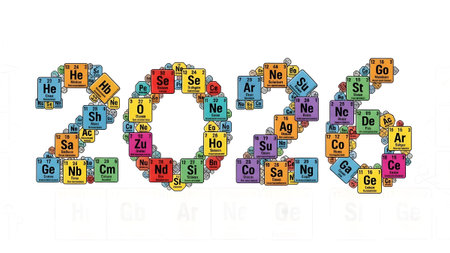 The year 2026 is creatively formed using colorful periodic table element squares on a white...