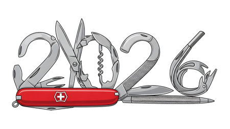 The year 2026 is formed by silver multi-tool components, a red handle, and a pen on a white...