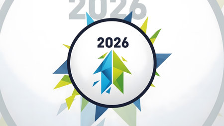 2026 year symbol with upward arrow and abstract geometric starburst elements on white. Clear deta...