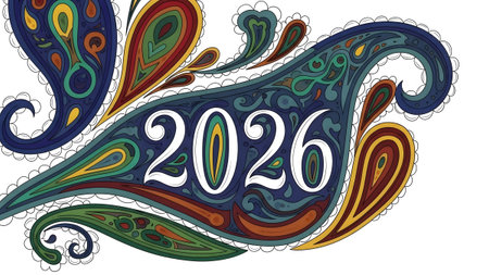 The number 2026 is displayed in white with a colorful paisley pattern on a white background.