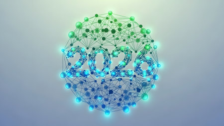 Abstract network sphere with glowing blue and green nodes and connecting lines forming the year...