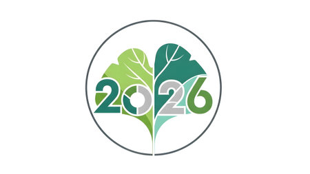A circular frame containing a split green leaf design with the year 2026 Clear details and vibran...