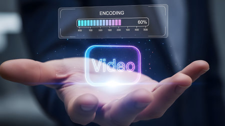 Hand holding glowing video icon with encoding progress bar at 60 percent Clear details and vibran...