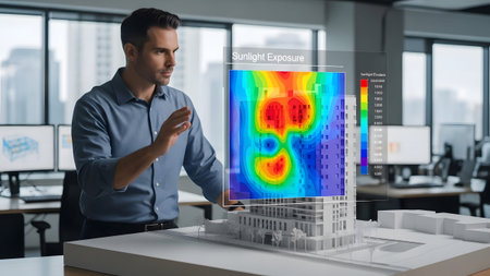 Architect analyzes building model with holographic sunlight exposure simulation data. Clear detai...