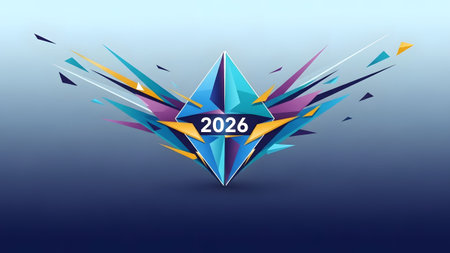 An abstract geometric explosion of colorful shards surrounds the number 2026. Clear details and v...